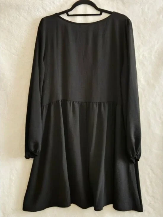 Dokotoo Women's XL Black Smocked Long Sleeve Mini Dress Scoop Neck Button Detail - Picture 2 of 11